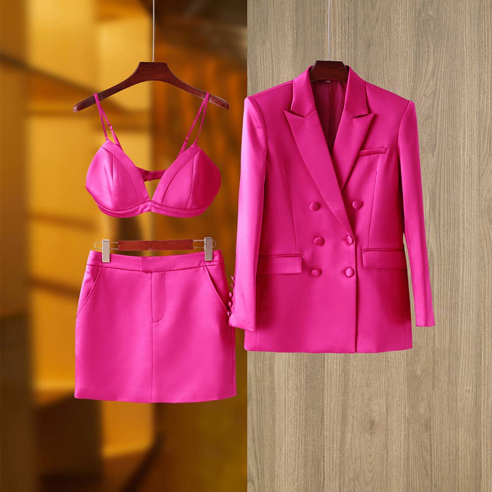 SET114 Satin Pink Trio: Blazer, Skirt & Bralette