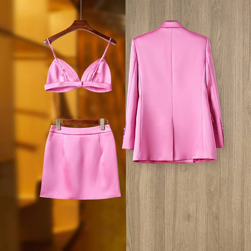 SET114 Satin Pink Trio: Blazer, Skirt & Bralette