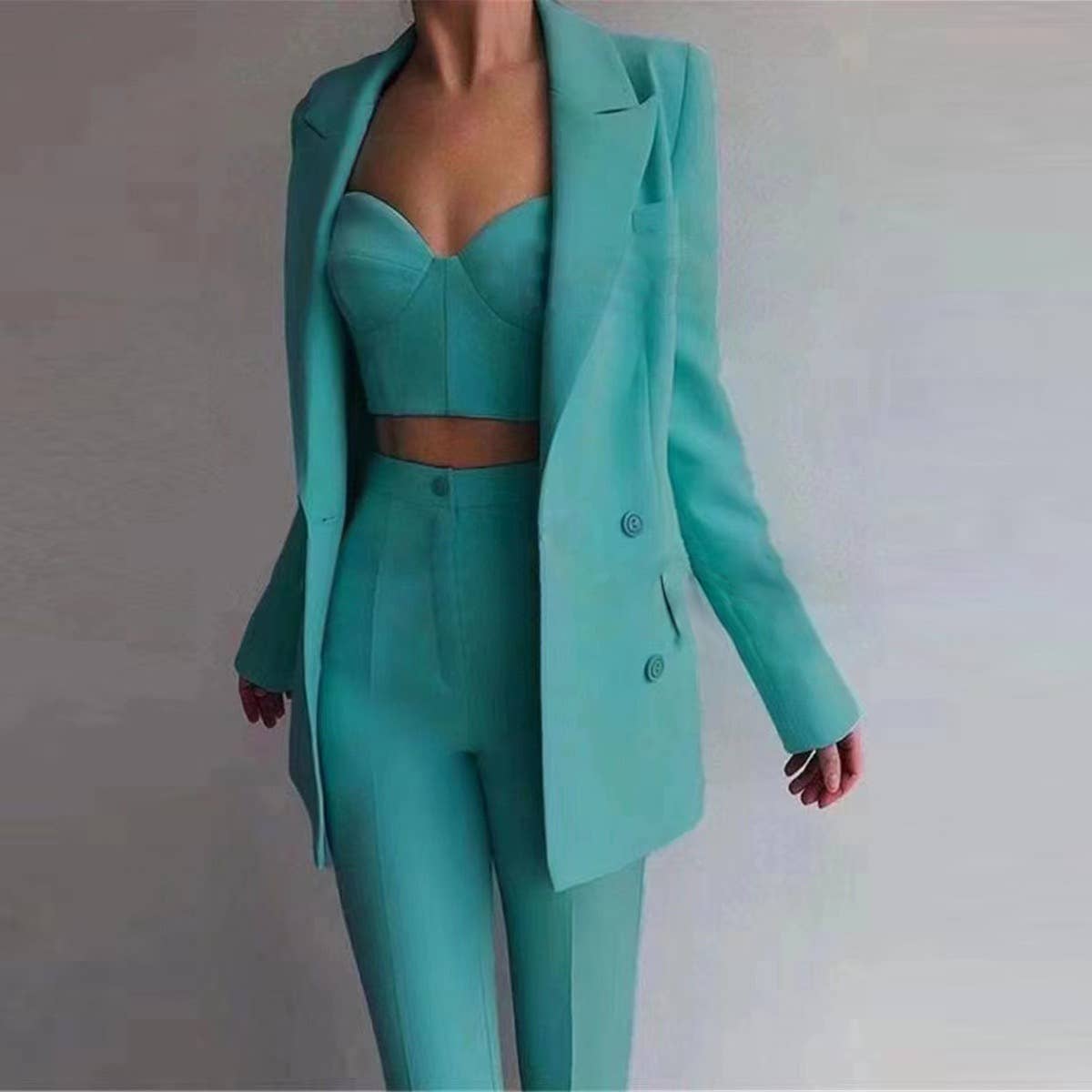 SET062 Elegant Women’s Suit Set: Blazer, Bra Top, & Pants