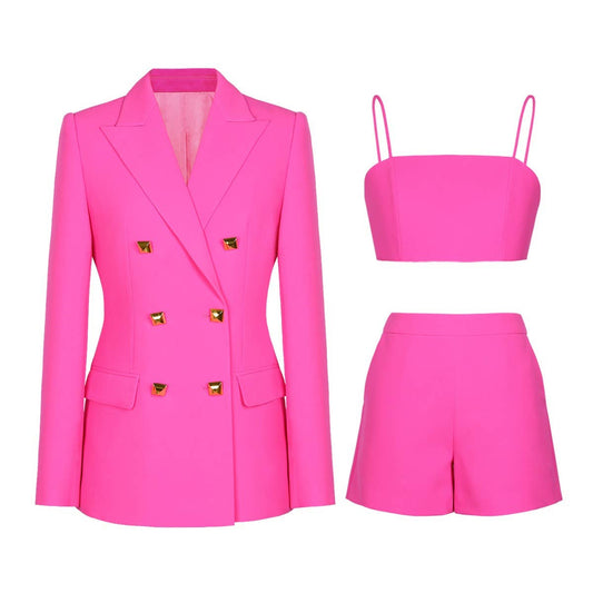 SET061 Elegant Women’s 3-Piece Pink Suit & Shorts Set