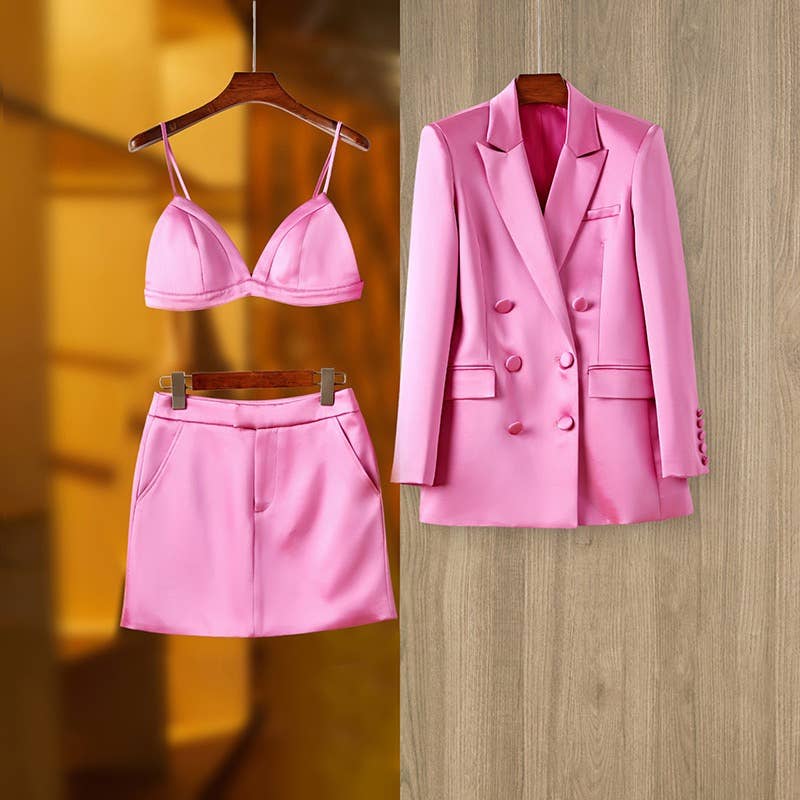 SET114 Satin Pink Trio: Blazer, Skirt & Bralette