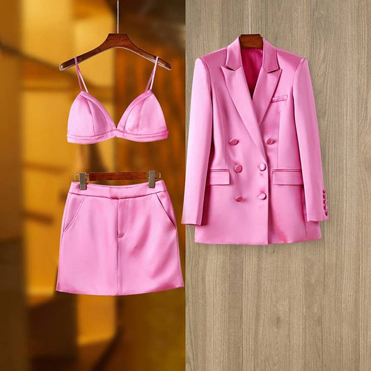 SET114 Satin Pink Trio: Blazer, Skirt & Bralette