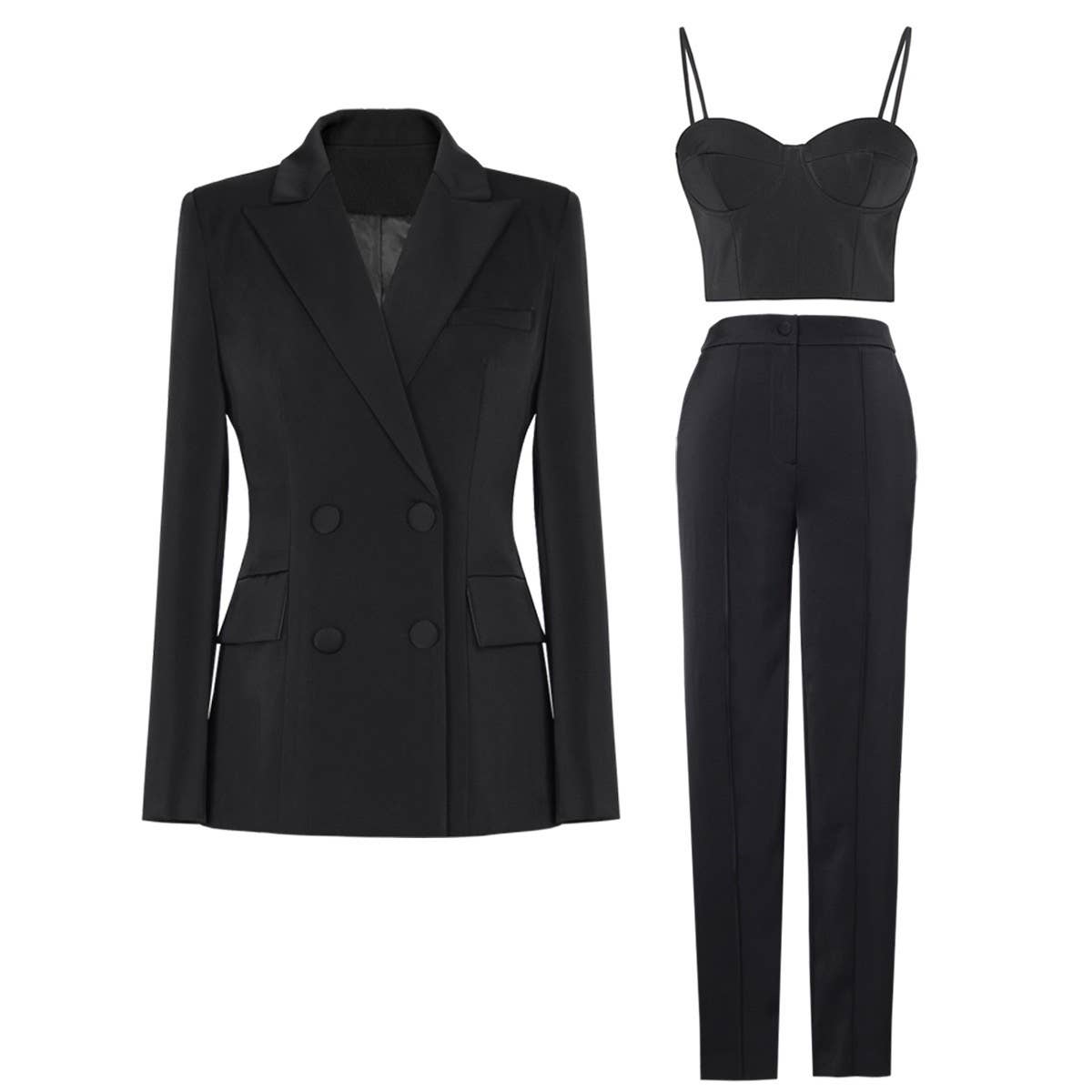 SET062 Elegant Women’s Suit Set: Blazer, Bra Top, & Pants